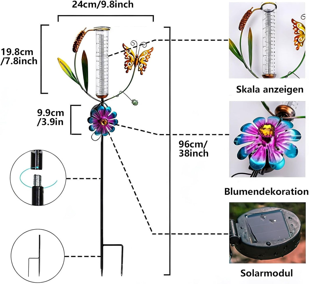 HOSPAOP Solar Regenmesser für Garten mit Erdspiess und LED, Niederschlagsmesser Frostsicher Glas für