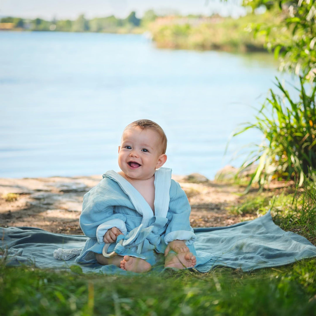 Bademantel Kinder mit Kapuze | 100% Bio-Baumwolle GOTS Zertifiziert | Premium Musselin Kinderbademan