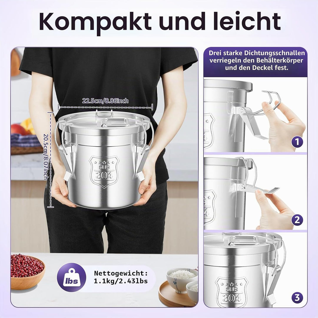 Edelstahl Getreidebehälter 6L/12L/21L/33L Edelstahl Aufbewahrungseimer mit Deckel und Griff, Küche L