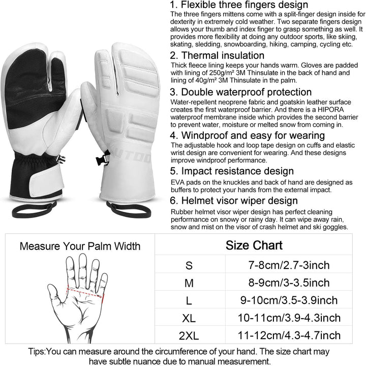KUTOOK Skihandschuhe Ziegenleder 3M Thinsulate Fäustlinge 5 MM Eva HIPORA Wasserdicht Winddicht Stra
