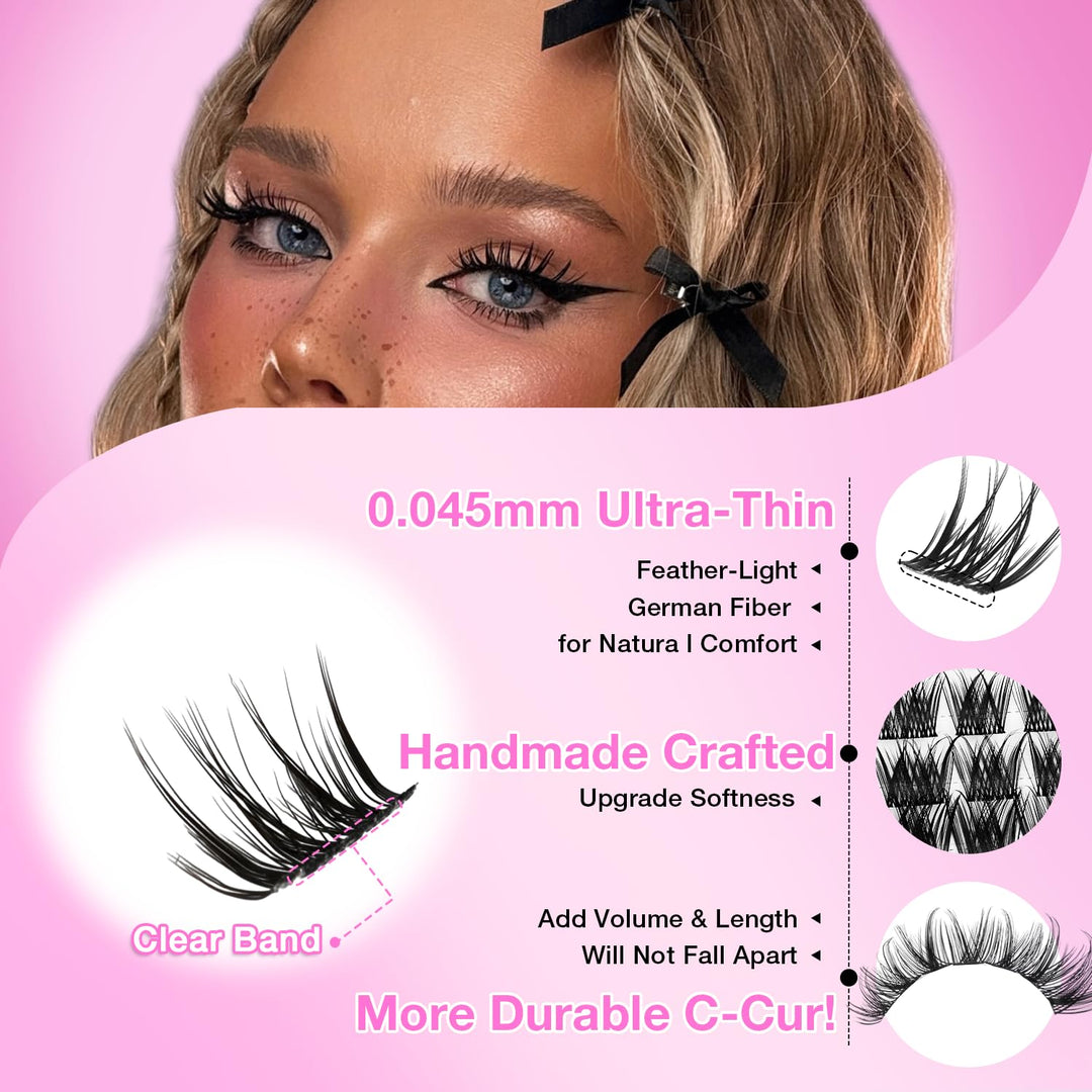 Anime Lash Clusters, 124 Stück Manga Eyelash Extensions 5-16mm, Fluffy D Curl mit Bond and Seal, Pin