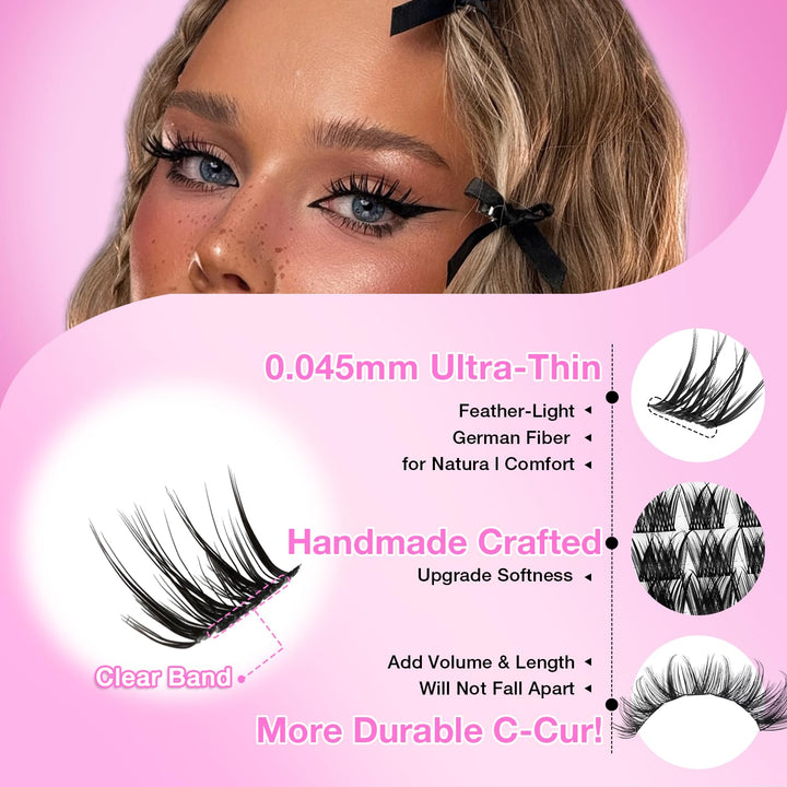 Anime Lash Clusters, 124 Stück Manga Eyelash Extensions 5-16mm, Fluffy D Curl mit Bond and Seal, Pin