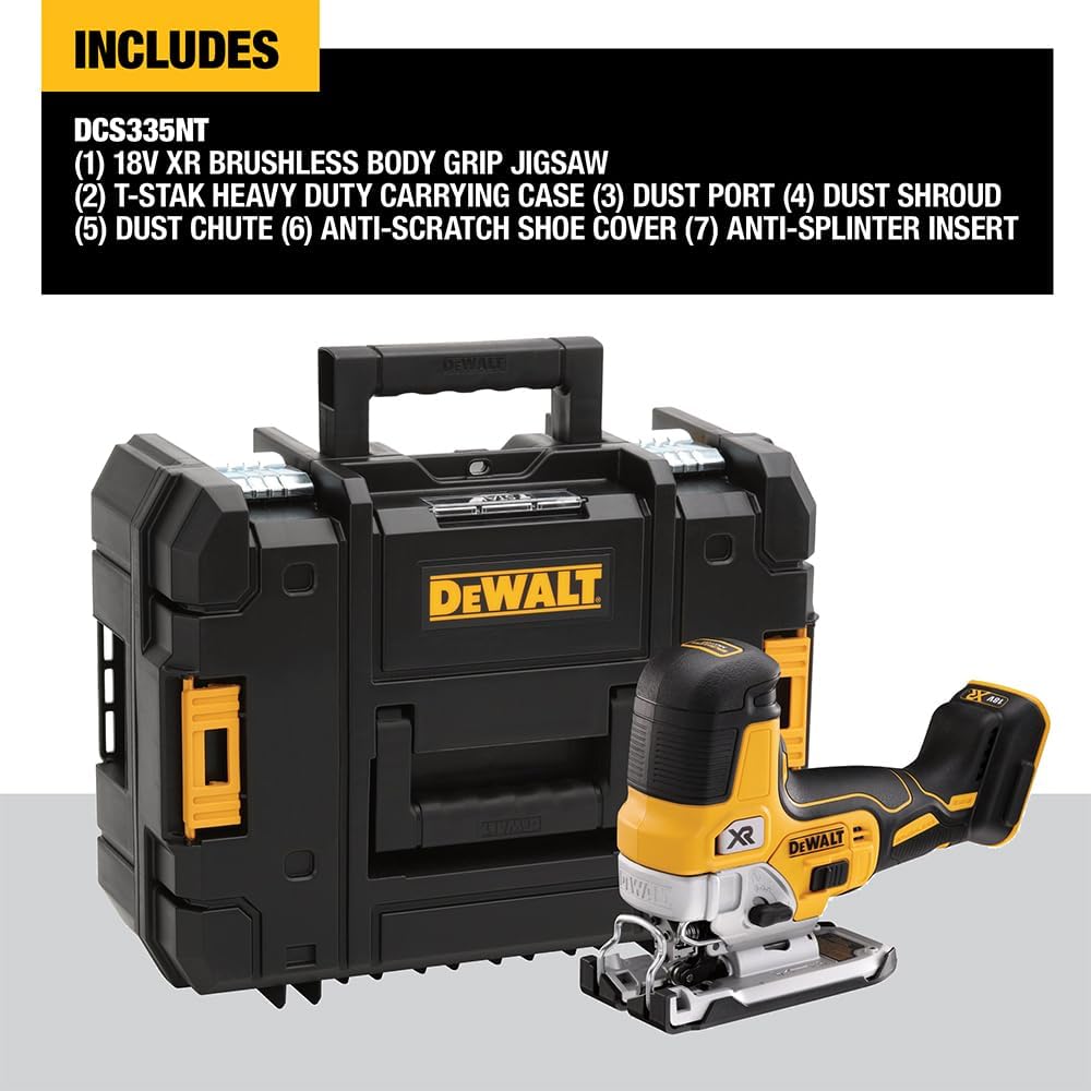 Dewalt 18V Akku-Pendelhubstichsäge DCS335NT (bürstenlos, verstellbarer Alu-Druckguss-Sägeschuh, 3-fa