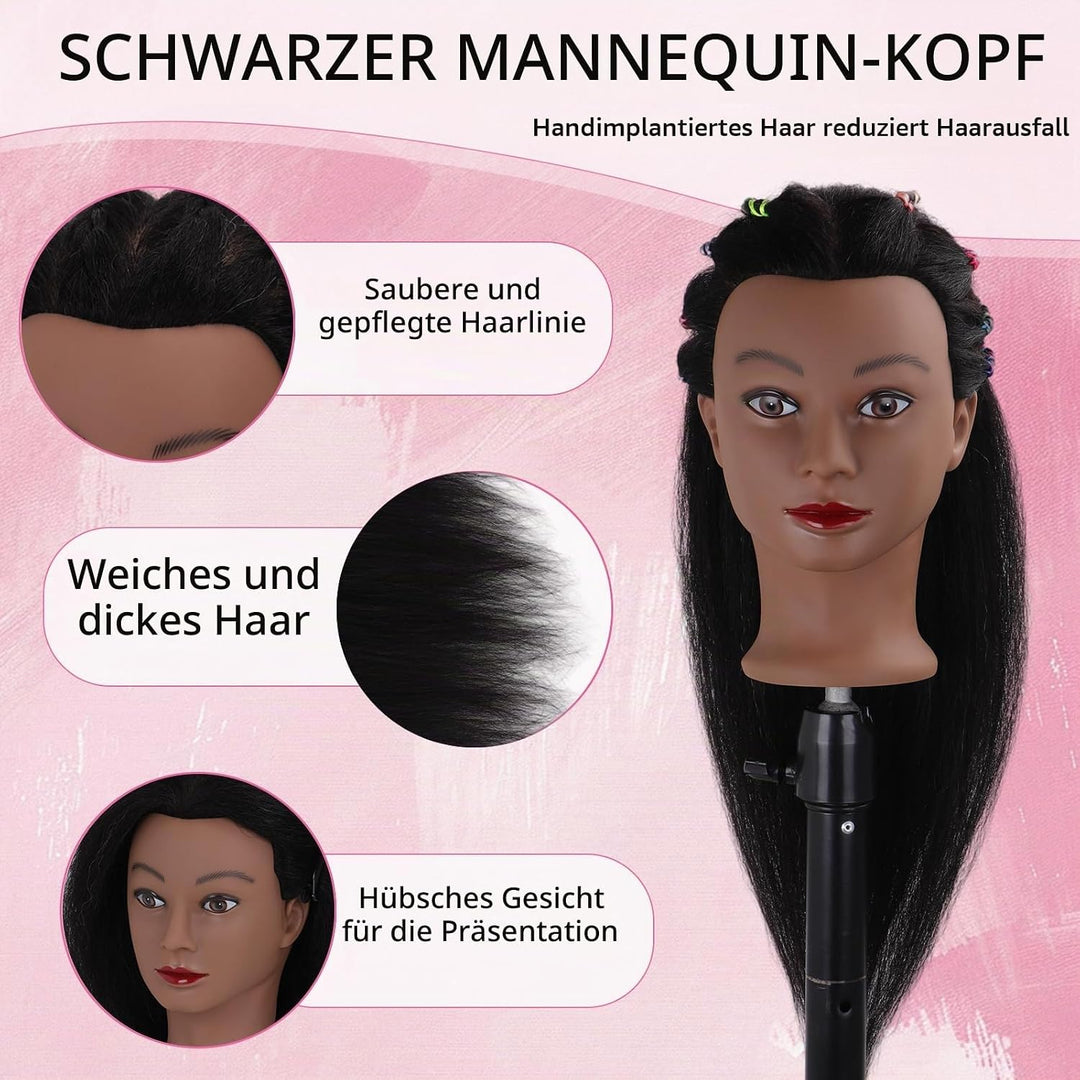 DiazySight schwarzer Mannequinkopf, Afro, 100 % Echthaar, gerader Styling-Kopf, Puppe für Mädchen zu