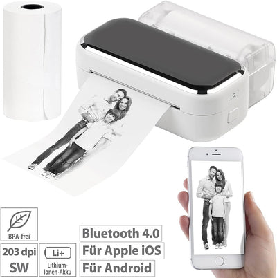 Callstel Fotodrucker: Mobiler XL Akku-Foto-Thermodrucker, Android, iOS, Bluetooth, App, 80mm (Handyd