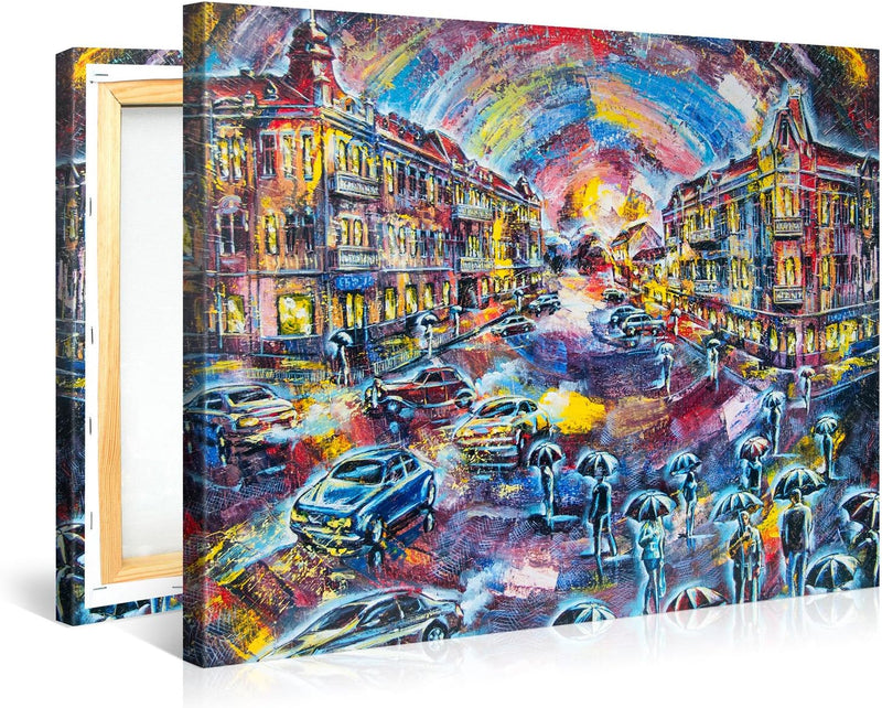 PICANOVA – Abstract City in Watercolour Style 100x75cm – Premium Leinwanddruck – Kunstdruck Auf 2cm