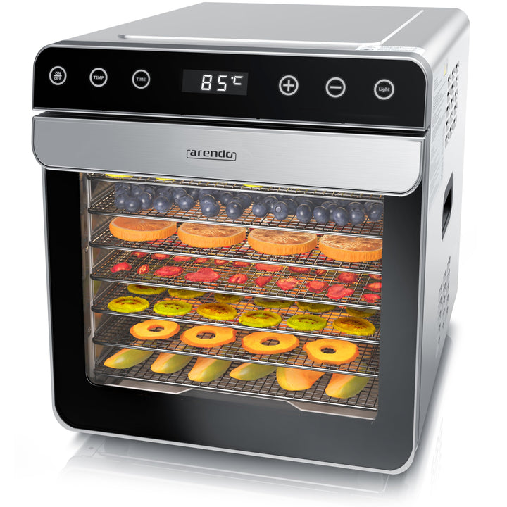 Arendo - Dörrautomat Edelstahl mit 8 Edelstahlgitter - 700 W - 35°-85°C - 8 Edelstahl Einlegetablett