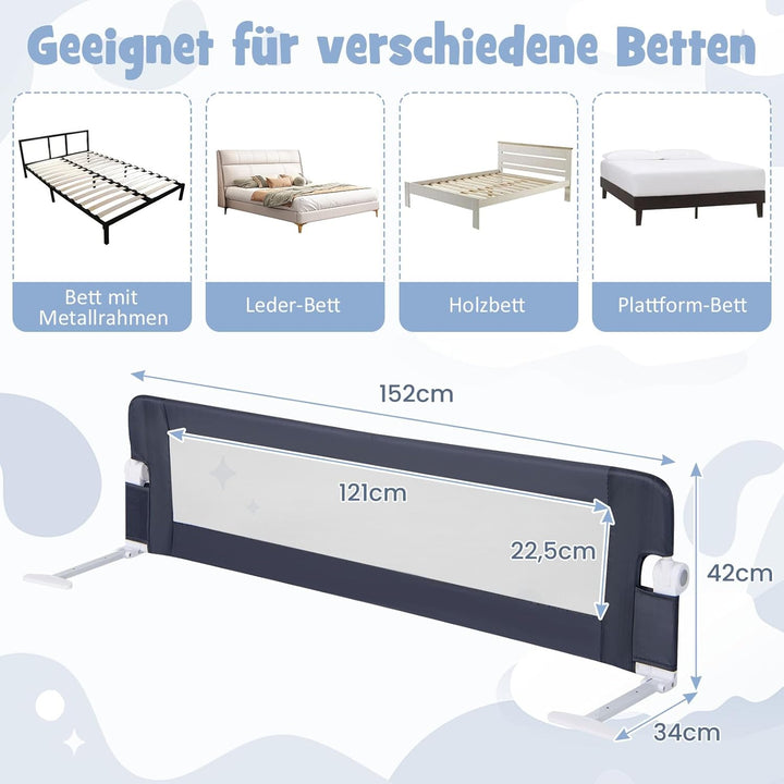 DREAMADE Bettgitter 150/120/105 cm, Kinderbettgitter Schutz, Kinderschutzgitter aus PP & Oxford, Bab