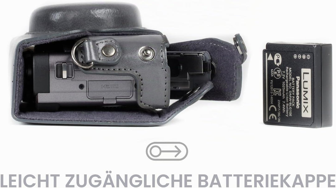 MegaGear MG1261 Panasonic Lumix DC-TZ95, DC-TZ90 Ever Ready Leder Kamera-Case mit Trageriemen - Grau