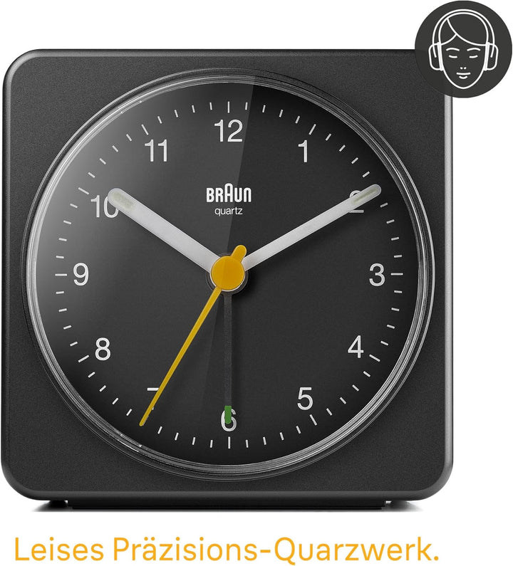Braun Klassischer analoger Wecker Schlummerfunktion und Licht, ruhiges Quarzuhrwerk, Crescendo-Alarm