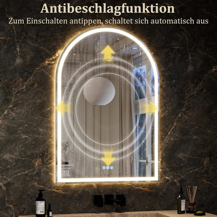 Koonmi LED Badspiegel 75 x 50 cm, dimmbar, Antibeschlag | Gewölbter Lichtspiegel mit 3 Lichtfarben,