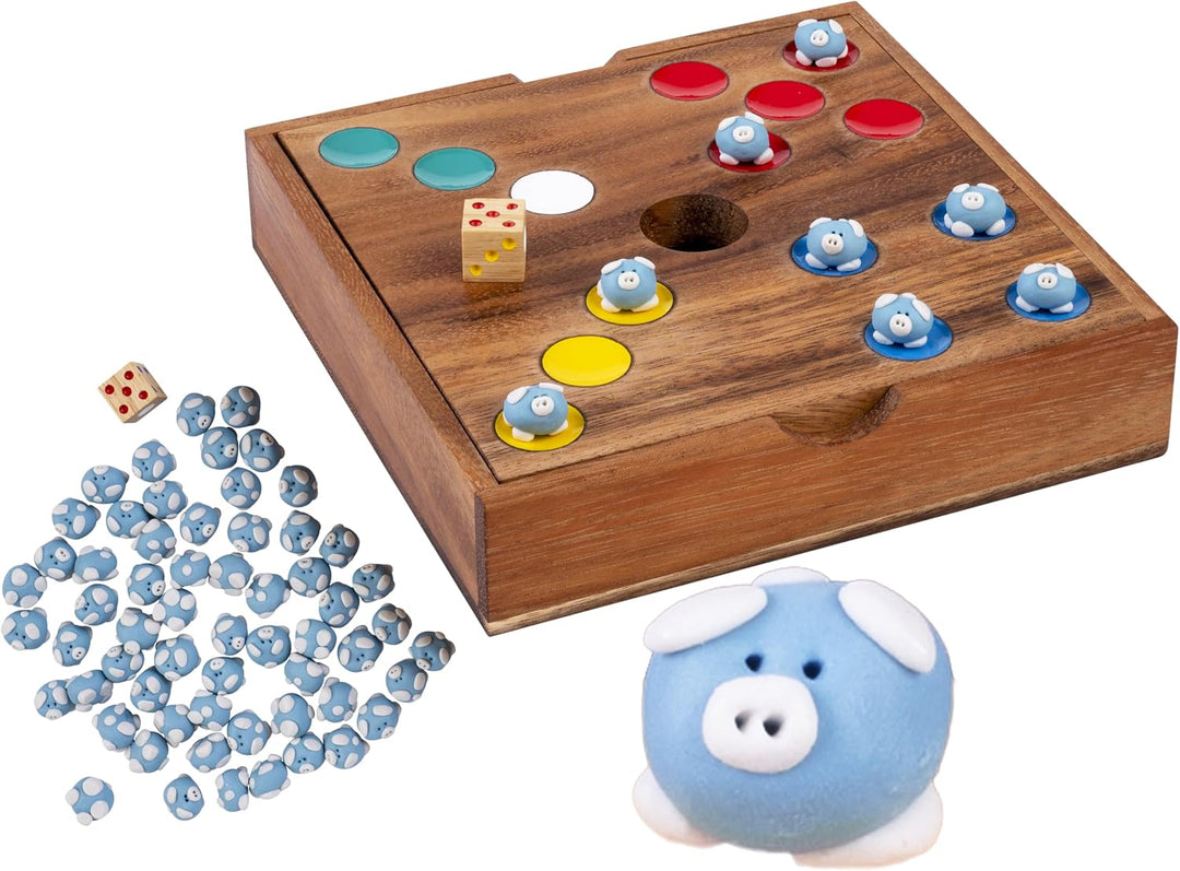 Engelhart Schweinchen Spiel Wurfelspiel mit 60 Keramik Schweinchen – Ferkelspiel in Holzbox, lustige