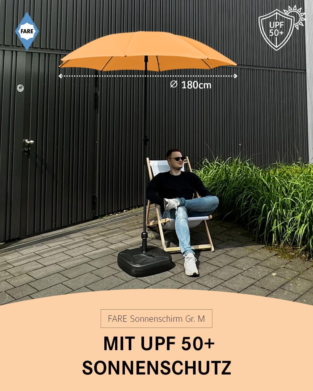 FARE Sonnenschirm Gr. M - 180 cm Durchmesser - UV-Schutz 50+ für Balkon Garten Terrasse Sommer - Tit