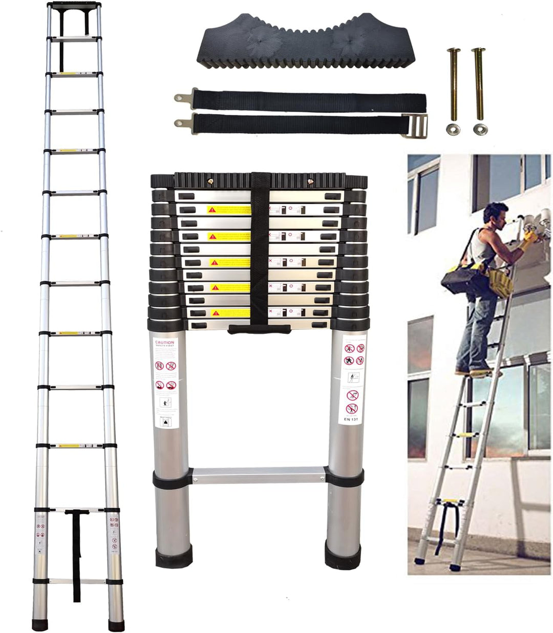 Hooha Aluminium Teleskopleiter 5,1M mit Anti-rutsch Gummipuffer Ausziehleiter Telescopic Ladder Bela