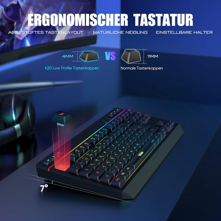 RedThunder 75% Kabelloses Tastatur und Maus Set, QWERTZ 94 Tasten TKL Layout, RGB, Wiederaufladbar F
