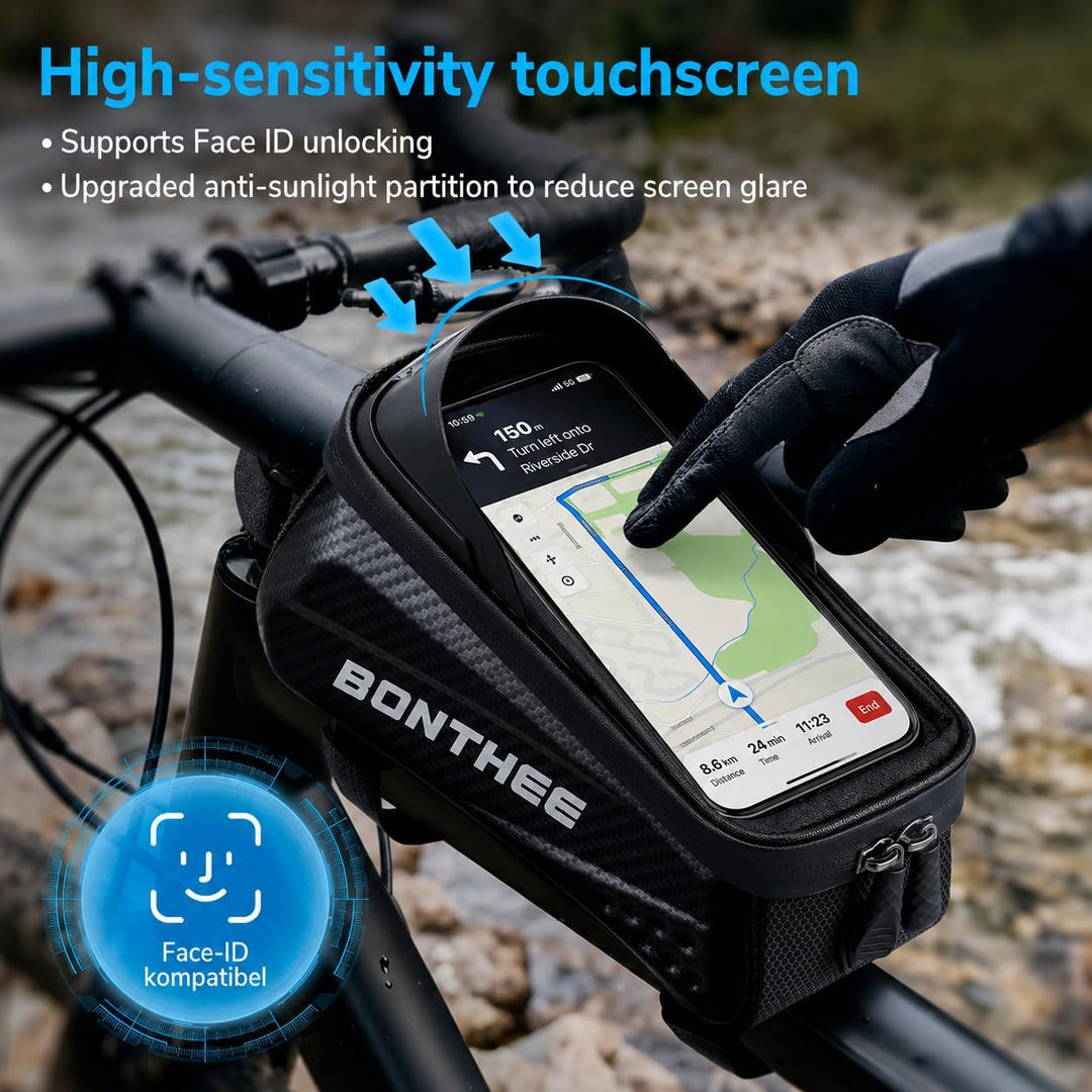 BONTHEE Rahmentasche Fahrrad Handytasche Wasserdicht 1,5L Fahrradtasche mit Handyfach & Sonnenblende