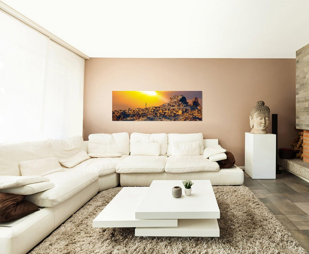 Paul Sinus Art Panoramabild auf Leinwand und Keilrahmen 150x50cm Kappadokien Stadt Häuser Sonnenunte
