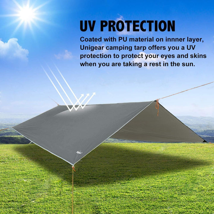 Unigear Tarp 3x3 3x4 3x5 4x4 wasserdicht, Zeltplane für Hängematte mit Ösen + 6/8 Erdnägel + 6/8 Sei