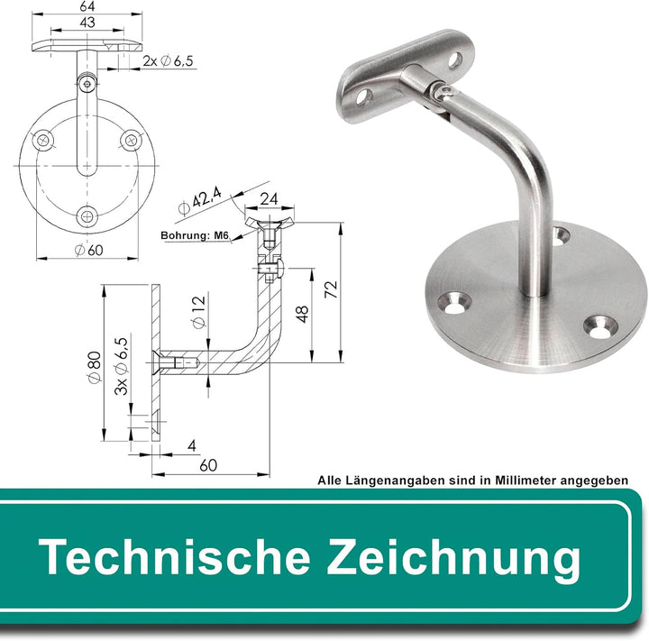 PRIOstahl Handlaufhalter Handlauf Wandhalter Handlaufstütze - 4 x Handlaufträger an die Wand Stellba