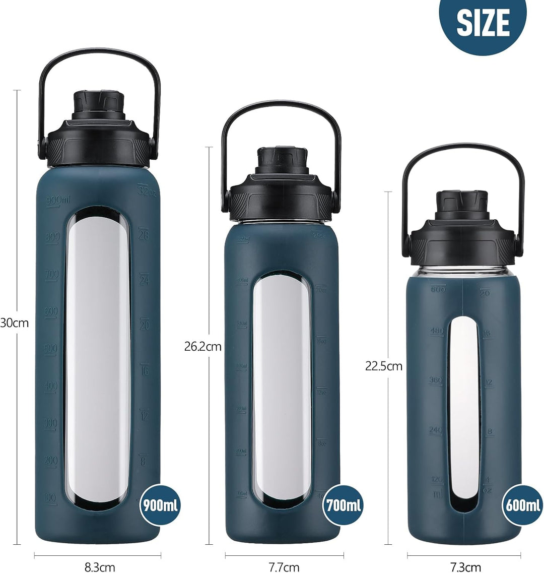 BLUEGO 900ml Glaswasserflasche mit Strohhalm und 2 Deckeln Kaffeetasse aus Glas mit Zeitmarkierung u