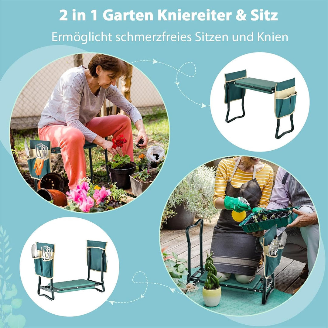 SOARS Kniebank, Gartenhocker klappbar mit Werkzeugtaschen &amp; Kniekissen, Gartenbank bis 150 kg belast