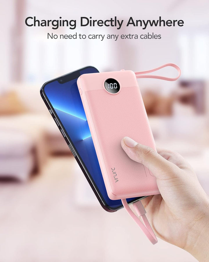 VRURC Powerbank 10000mAh mit Kabel, Power Bank Tragbares Ladegerät USB C Externer Handyakkus LED Dis