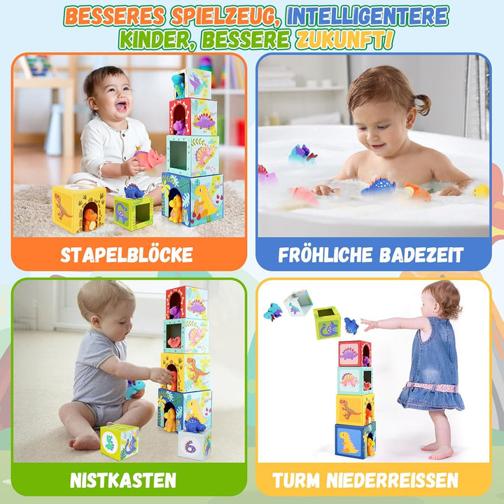 Baby Stapelwürfel und Stapelturm, Kinder Dinosaurier Montessori Spielzeug ab 1 2 3 Jahr, Geschenk ,