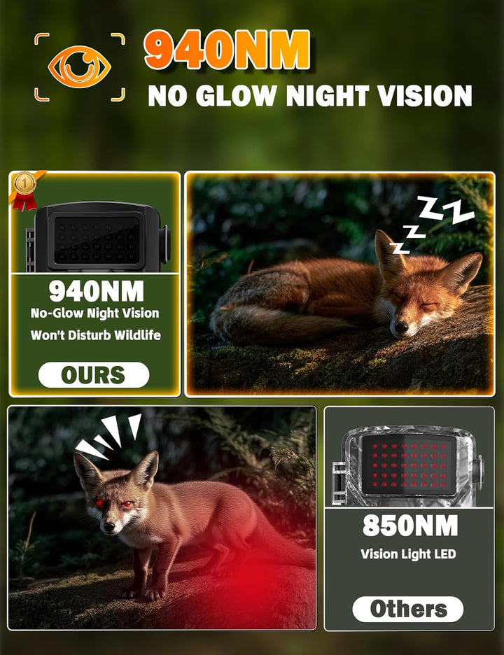 Wildkamera, 4K 60MP Wildtierkamera mit Bewegungsmelder Nachtsicht, No Glow 940nm IR LEDs, 0,1s Auslö