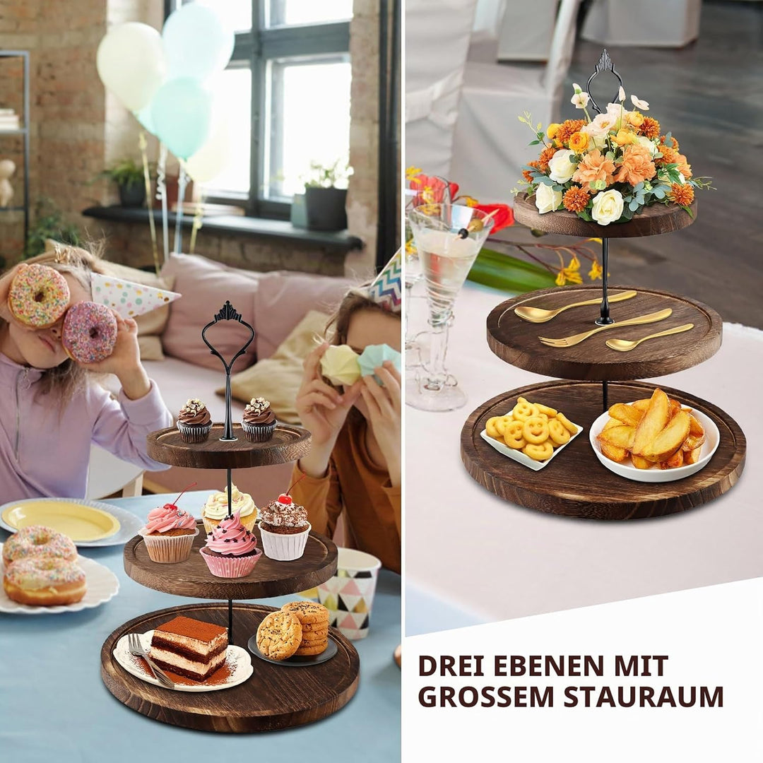 Etagere 3 Etagen, Tortenständer Holz, Cupcake Ständer mit Metallgriff, Kuchenständer Kuchenplatte, O