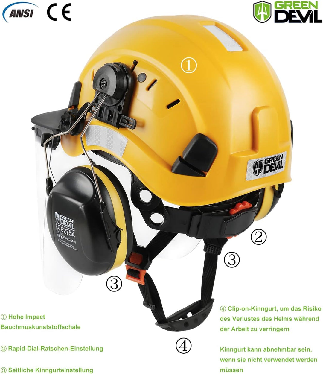 GREEN DEVIL Kettensägen-Schutzhelm Forstschutzhelm Sicherheitshelm mit Gehörschutz Ohrenschützer und