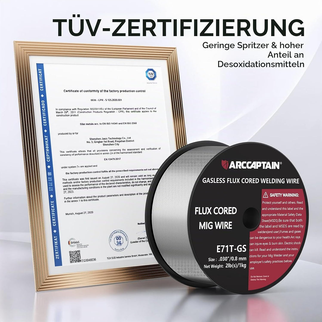ARCCAPTAIN Fülldraht 0,8mm 2KG E71T-GS MIG Schweissdraht für Schweissgerät ohne Gas MIG/MAG FLUX Sch