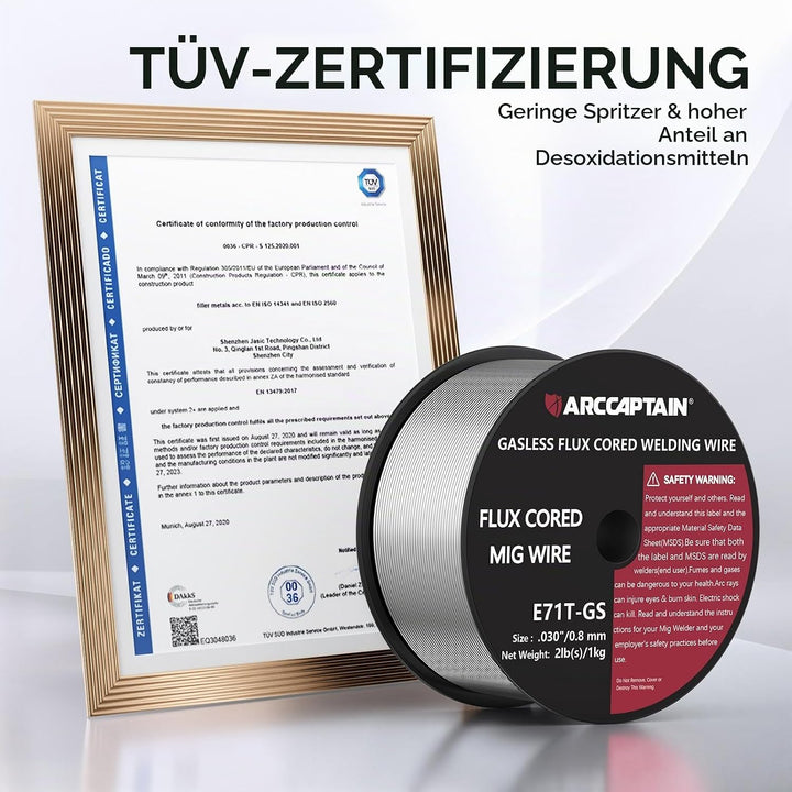 ARCCAPTAIN Fülldraht 0,8mm 2KG E71T-GS MIG Schweissdraht für Schweissgerät ohne Gas MIG/MAG FLUX Sch