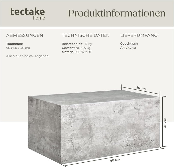 tectake® Couchtisch in Beton Optik, Beistelltisch, moderner Wohnzimmertisch, Sofatisch, Tisch Wohnzi