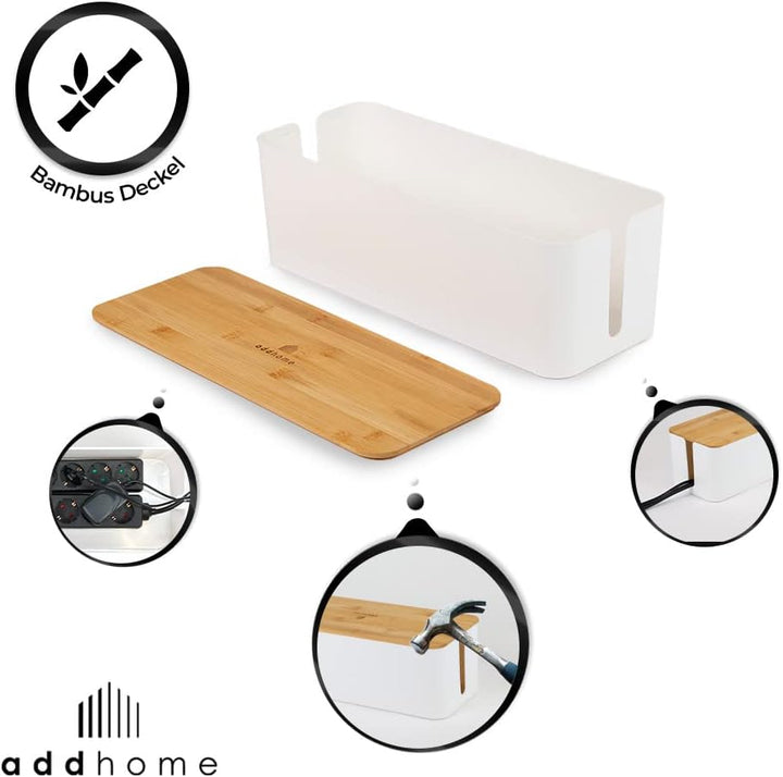 addhome Kabelbox 2er Set | Kabelchaos ordnen mit Stil | Weisser ABS-Kunststoff und Bambusdeckel | pa