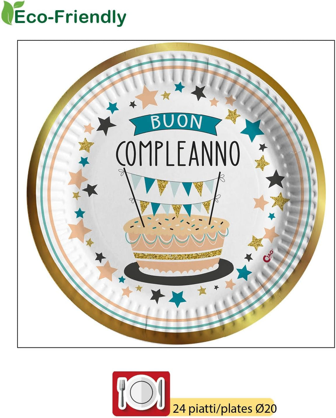 Partygeschirr Party-Set Buon Compleanno Shiny Gold für 24 Personen (112 pcs: 24 Pappteller Ø23cm, 24