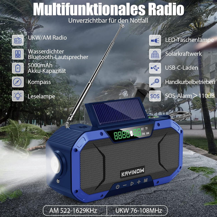 KAYINOW Solar Kurbelradio-Bluetooth Lautsprecher HandyLadefunktion, IPX5 wasserdichtes tragbare klei