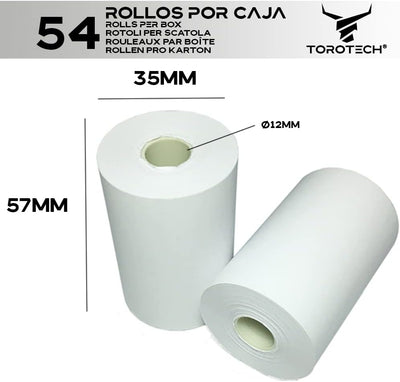 TOROTECH Bonrollen 57x35x12 mm - 54 Rollen - Thermopapier Thermorrollen weiss, ohne Rückseitendruck