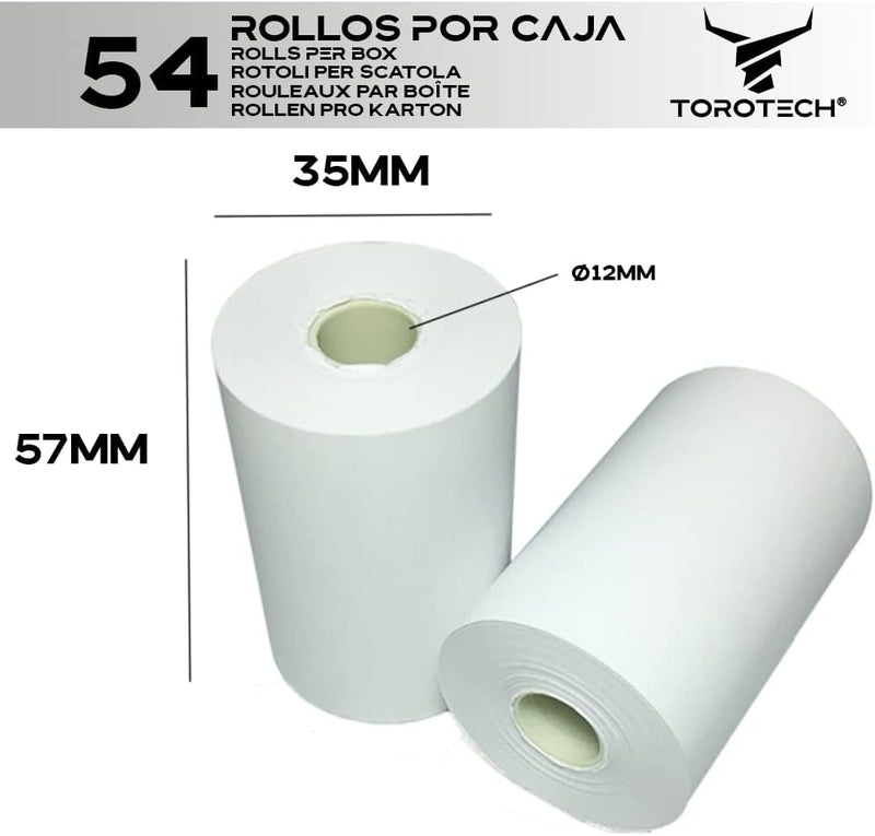 TOROTECH Bonrollen 57x35x12 mm - 54 Rollen - Thermopapier Thermorrollen weiss, ohne Rückseitendruck