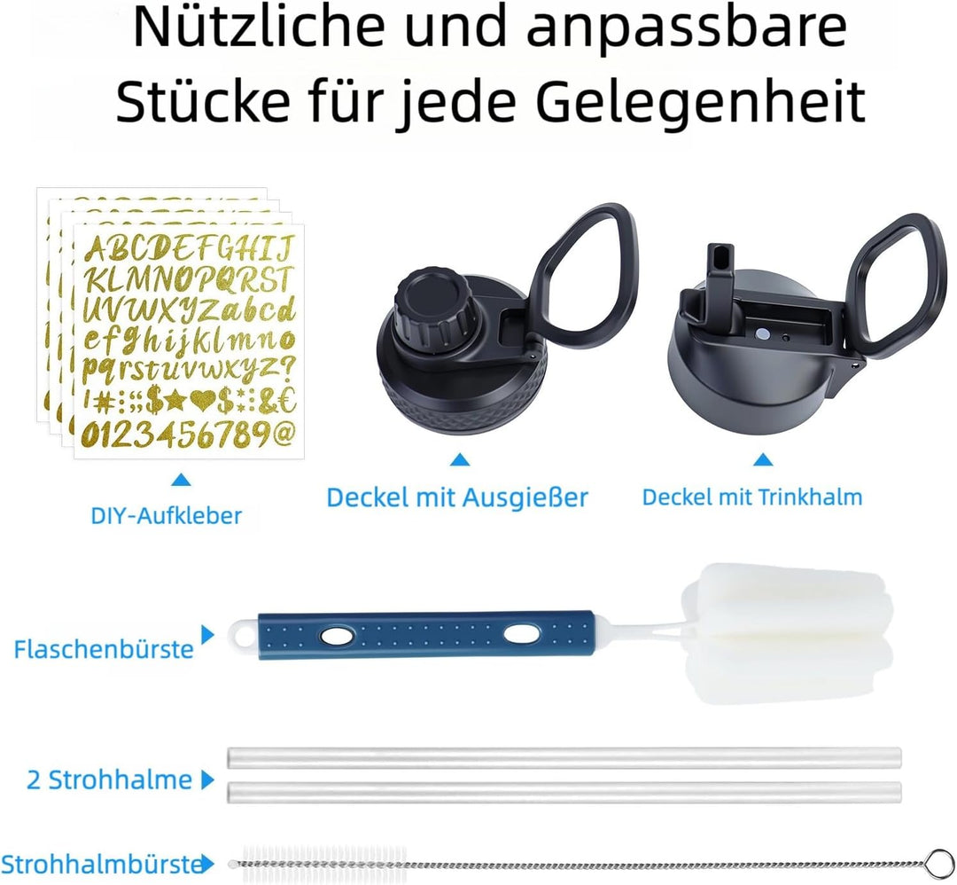 Edelstahl trinkflasche 1.9L - Isolierflasche mit Strohhalm &amp; 2 Deckeln - 100% Auslaufsicher - Reinig