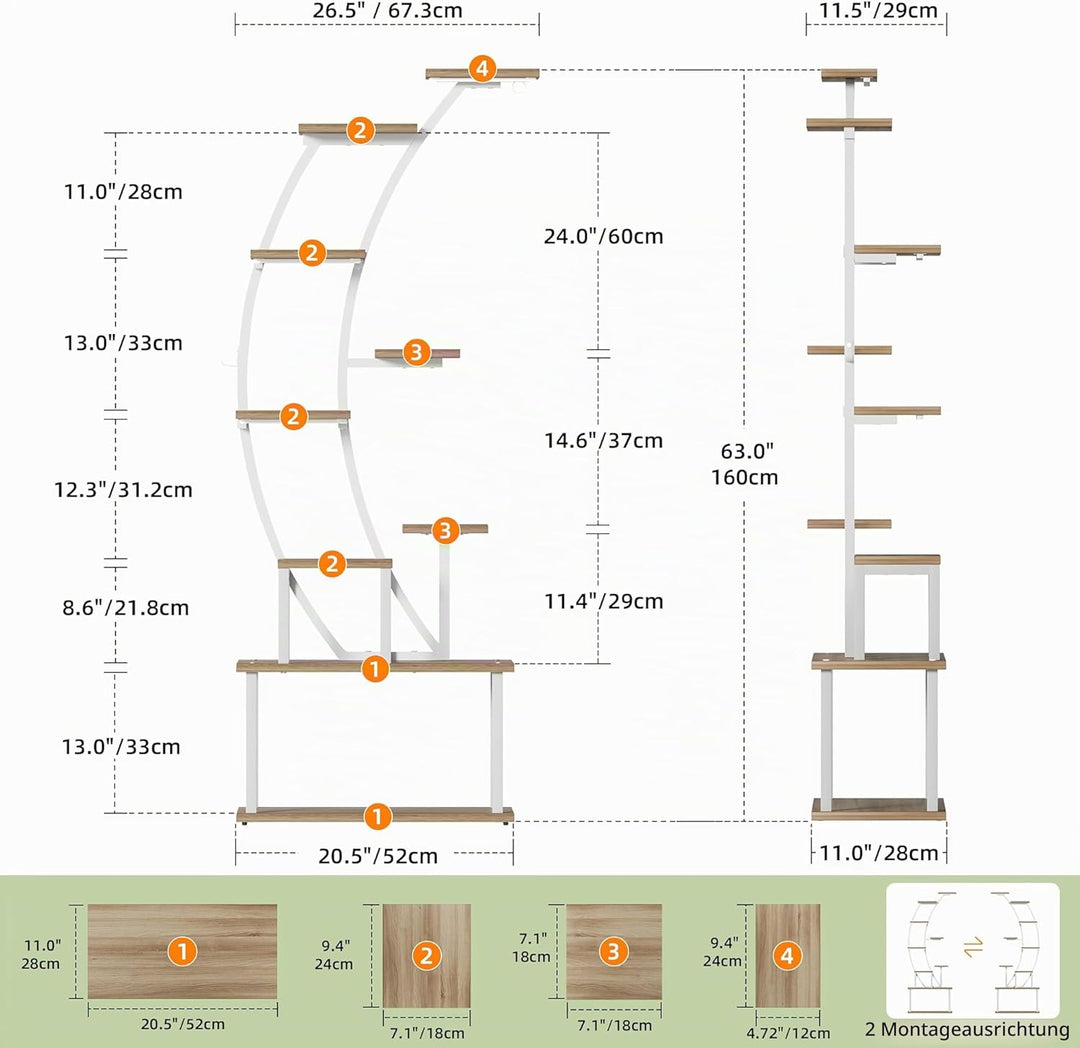 Pflanzenständer mit Wachstumslicht - 9 Ebenen Blumenständer 160 cm Metall Holz Pflanzenregal - Innen