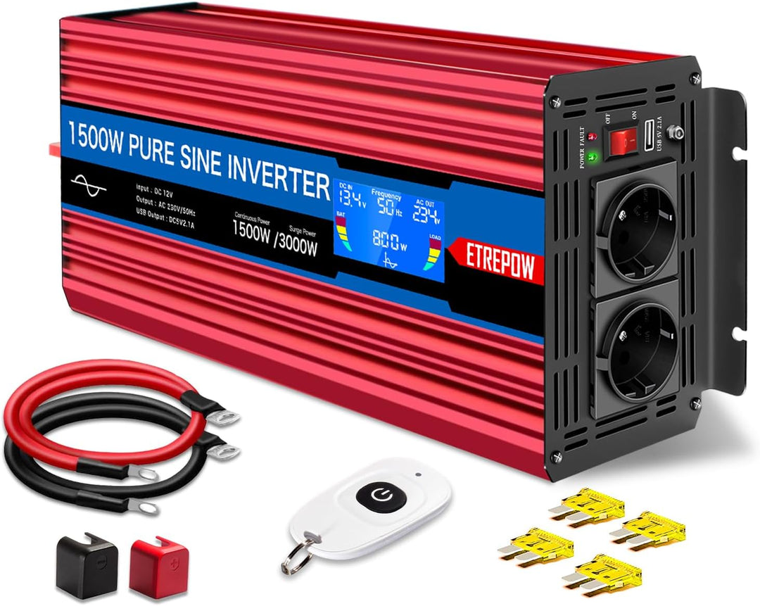 ETREPOW 1500W Wechselrichter 24v 230v Reiner Sinus Spannungswandler mit 2 EU-Steckdose und Einer 2,1