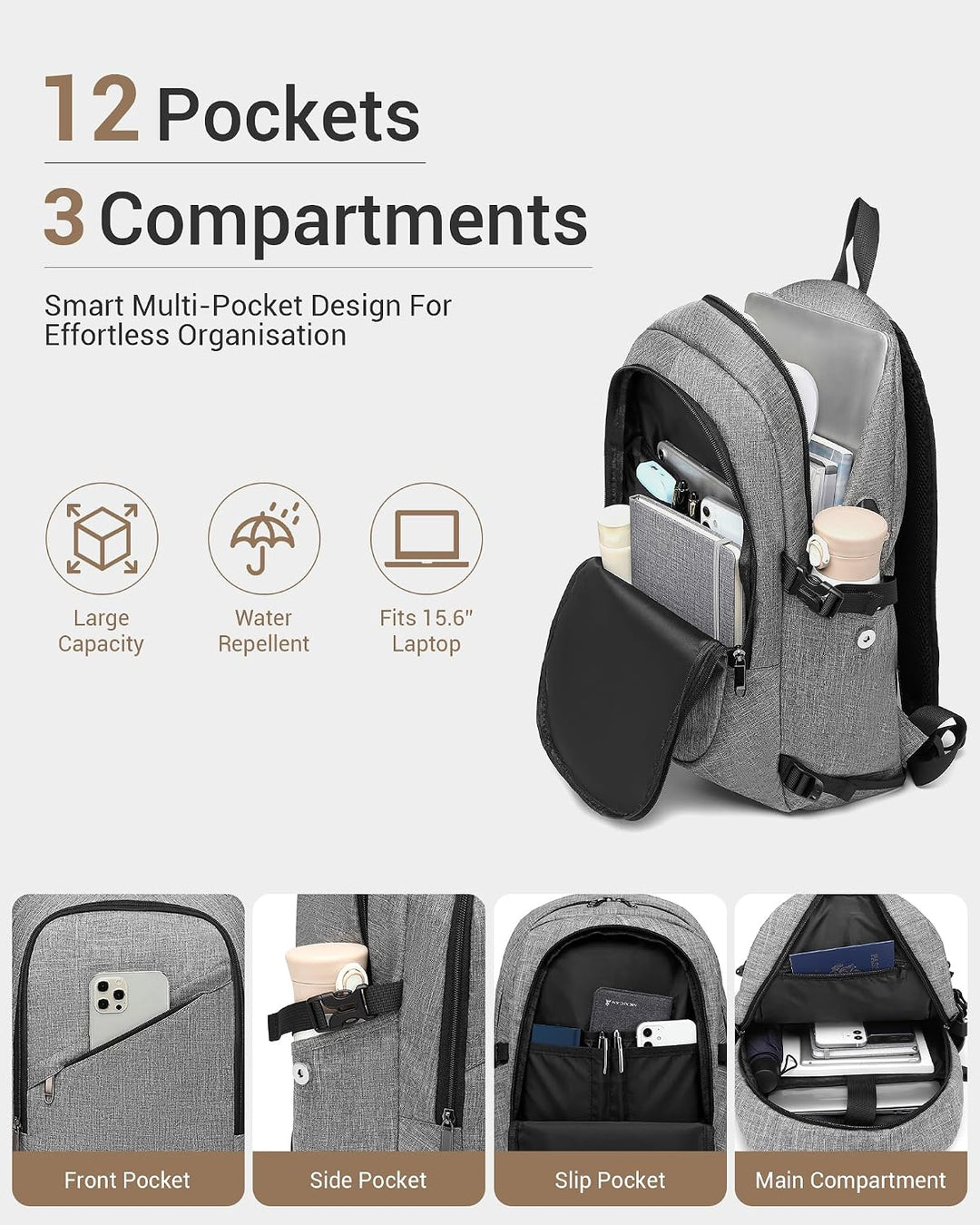 KONO Laptop Rucksack für Herren und Damen, Wasserdichter und Diebstahlsicher Business Laptoprucksack