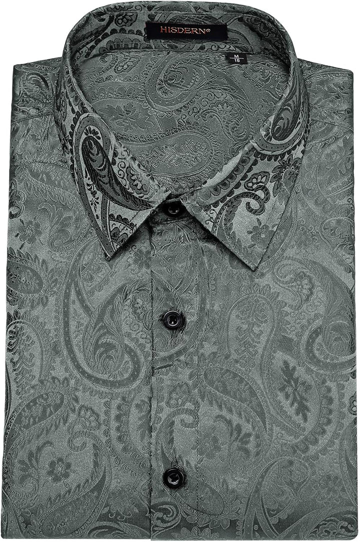 HISDERN Herren Paisley Hemd Langarm Satin Blumen Muster Hemd für Männer Jacquard Stickerei Freizeith
