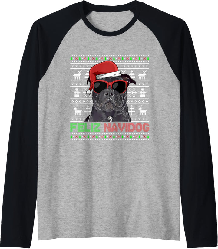 Staffordshire Bullterrier Hund Feliz Navidog Lustig Weihnachten Raglan