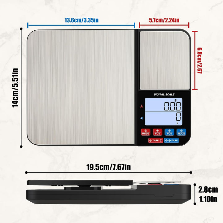 Diyife Küchenwaage mit 2 Plattformen 10kg/1g & 500g/0.01g, Doppelfunktion Digitale Küchen Feinwaage
