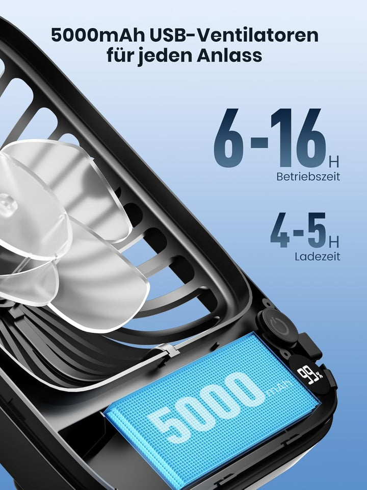 Warmco 5000mAh Tragbarer Ventilator, Ultra-dünn Akku Tischventilator Klein, Leise 4-Stufen, 180° Nei