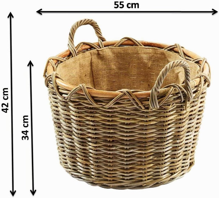 Kobolo Kaminkorb Holzkorb für Kaminholz rund Kubu grey-antique - aus Rattan mit Griffen und herausne