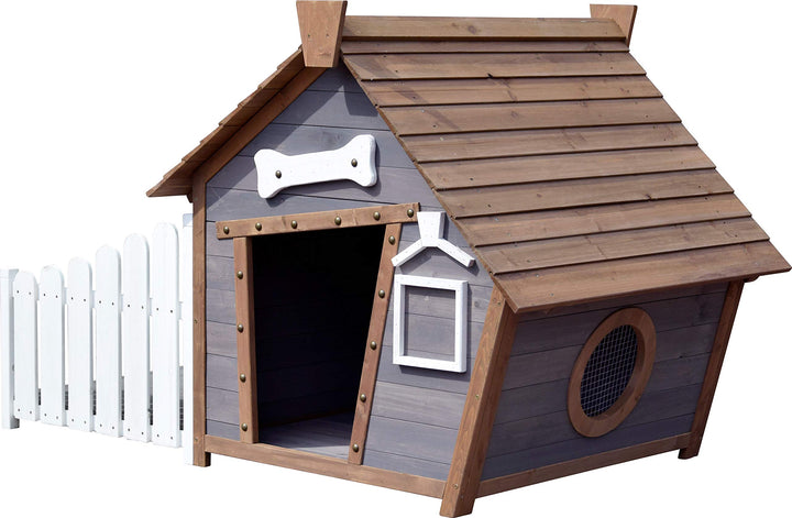 dobar 55016FSCe Outdoor-Hundehütte mit Spitzdach und seitlicher Veranda Comic-Design, FSC-Holz, 146,