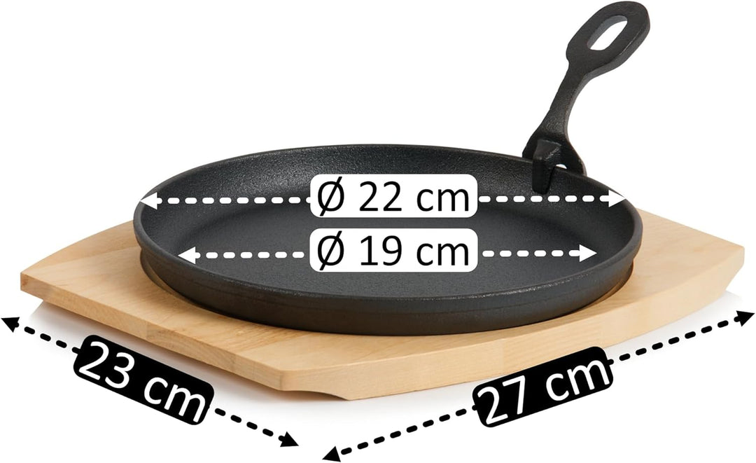 BBQ-Toro Gusseisen Servierpfännchen mit Holzunterlage (2 Stück) | Ø 22 cm - rund | bereits eingebran