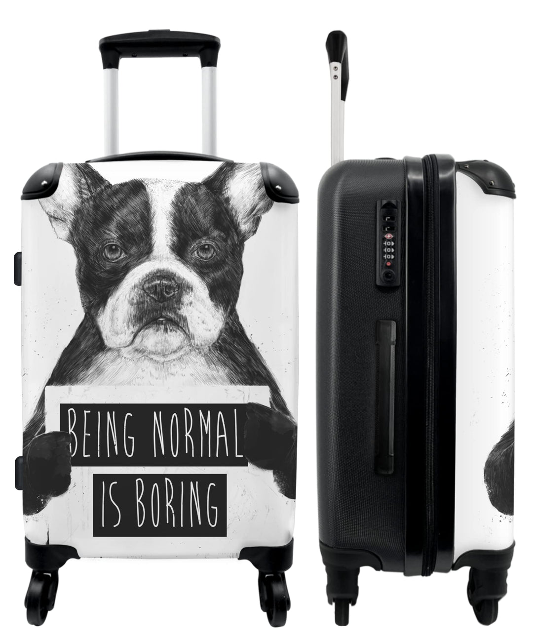 Koffer gross Trolley Rollkoffer Reisekoffer mit 4 Rollen Fotokoffer - Hund - Zeichen - Text - Tiere